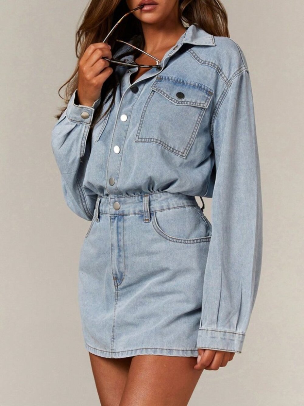 Light Wash Denim Button-Front Mini Shirt Dress